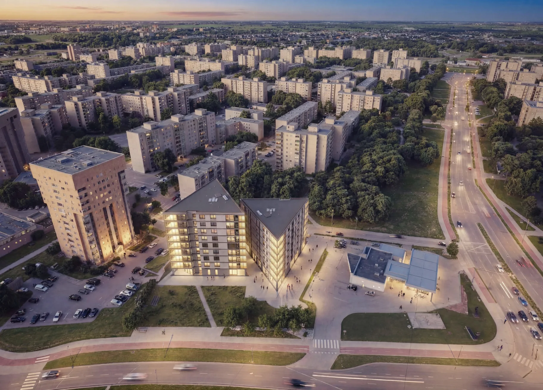 Eigulių panorama iš paukščio skrydžio vakarėjant
